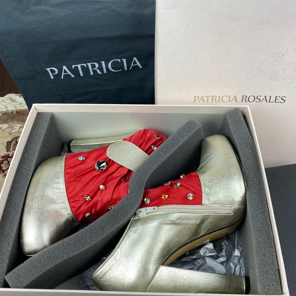 Patricia Rosales Gold Leather Red Satin Swarovski Jewel Embellished Ankle Boots - Picture 8 of 15